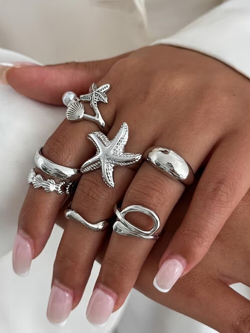 Seashell Starfish Rings Set Boho Summer Beach Stackable Non Tarnish Chunky